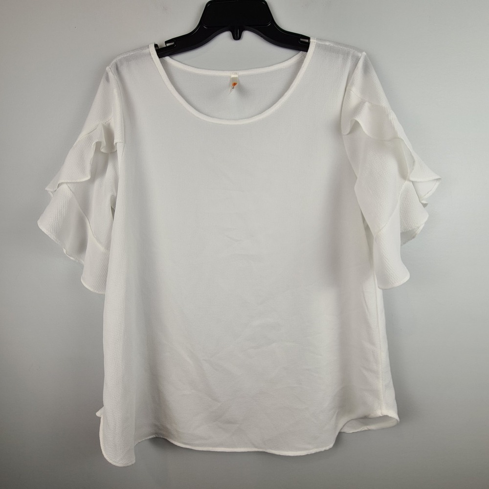 Axis Apparel Women's White Ruffle Sleeve Top Large Made In USA  Semi Sheer Basic